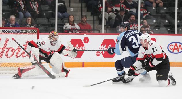 Belleville Senators'  Mads Sogaard and  Maxence Guenette battles Milwaukee Admirals' Denis Gurianov