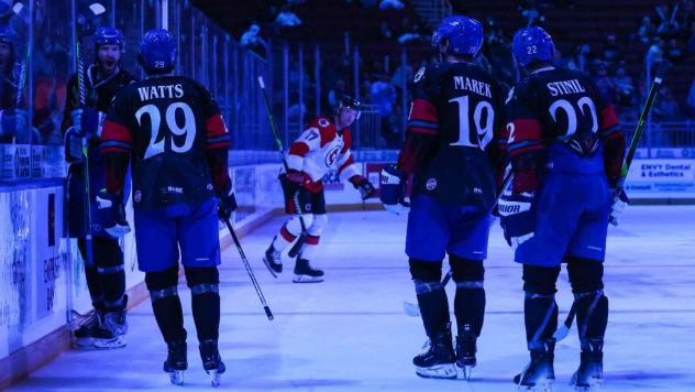 Wichita Thunder's Brayden Watts, Bradley Marek and Michal Stinil on the ice