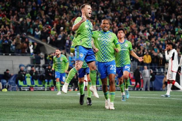 Albert Rusnák of Sounders FC reacts after his goal against FC Dallas