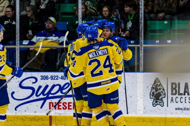 Saskatoon Blades exchange congratulations after a goal
