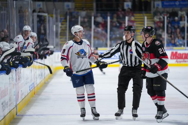 Springfield Thunderbirds' Mackenzie MacEachern and Belleville Senators' Maxence Guenette on game night