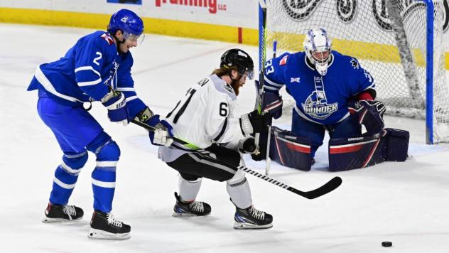 Wichita Thunder's Jeremy Masella and Trevor Gorsuch battle Idaho Steelheads' Zane Franklin