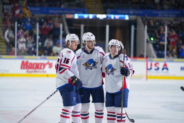 Springfield Thunderbirds' Zachary Bolduc, Dylan Coghlan and Hugh McGing on game night