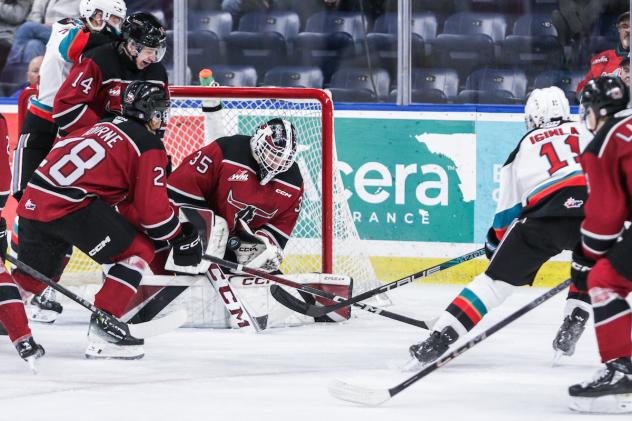 Red Deer Rebels goaltender Rhett Stoesser makes a stop