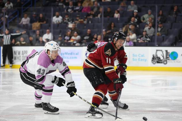 Ontario Reign's Jacob Moverare battles Tucson Roadrunners' Dylan Guenther