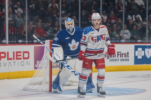 Toronto Marlies' Dennis Hildeby and Grand Rapids Griffins' Carter Mazur on game night