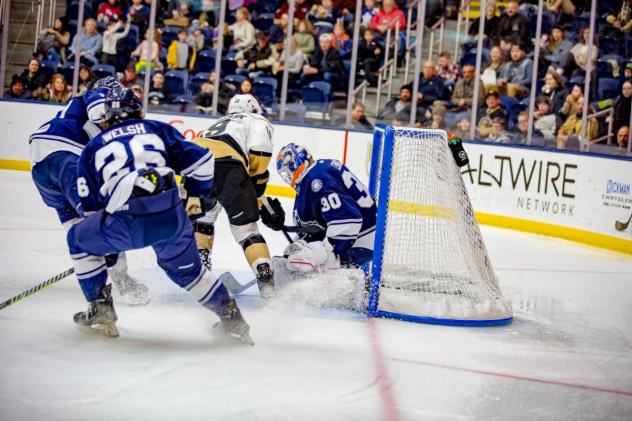 Worcester Railers goaltender Tristan Lennox makes a save against the Newfoundland Growlers