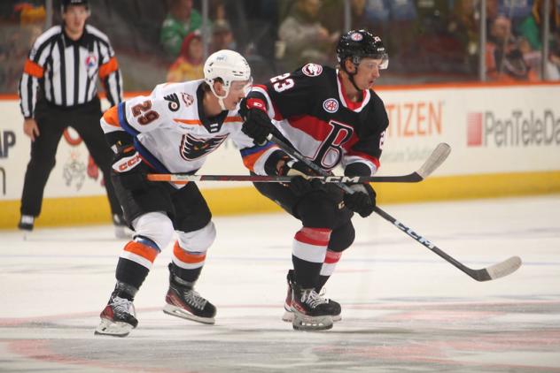 Lehigh Valley Phantoms forward Alexis Gendron (left) vs. the Belleville Senators