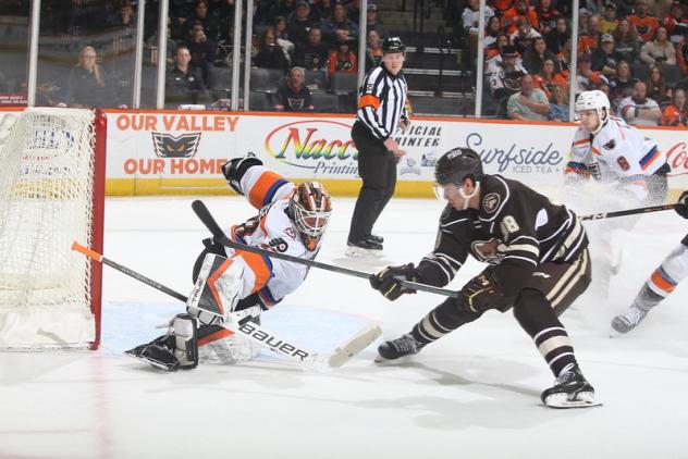 Lehigh Valley Phantoms make a save against the Hershey Bears