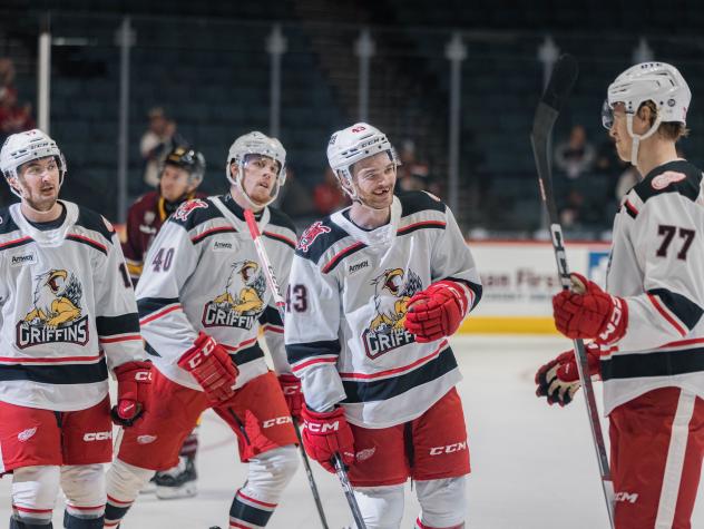 Grand Rapids Griffins gather following a goal