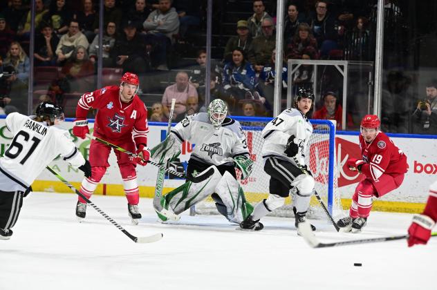 Allen Americans forwards Spencer Asuchak (left) and Brandon Puricelli vs. the Idaho Steelheads