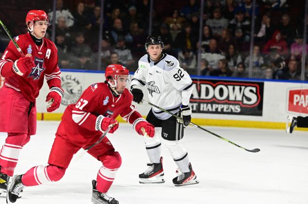 Allen Americans' Hank Crone, Kris Myllari and Idaho Steelheads' Mark Rassell on game night