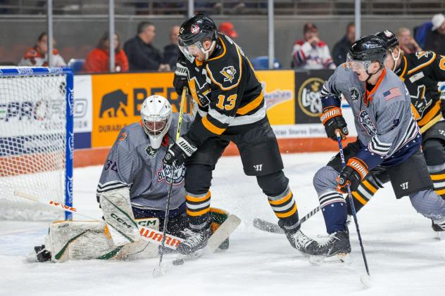 Fort Wayne Komets goaltender Brett Brochu stops the Wheeling Nailers