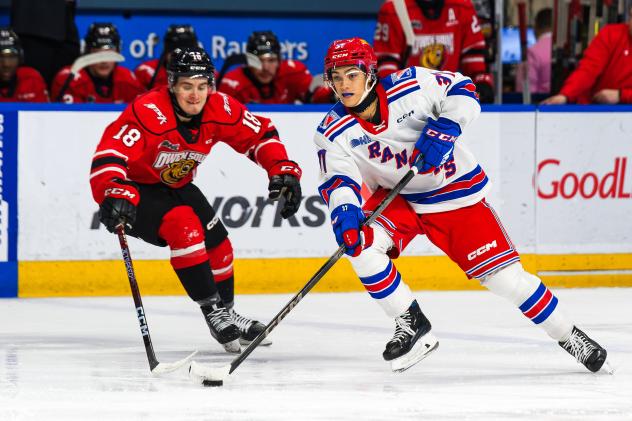 Owen Sound Attack's Servác Petrovský versus Kitchener Rangers' Tanner Lam