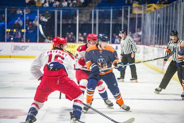 Allen Americans defenseman Joe Gatenby faces the Tulsa Oilers