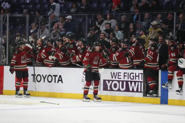 Tucson Roadrunners' Josh Doan and Dylan Guenther congratulated by team