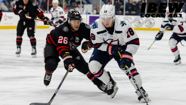 Indy Fuel forward Victor Hadfield (left) vs. the Kalamazoo Wings