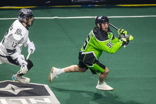 Saskatchewan Rush forward Cameron Wengreniuk vs. the Calgary Roughnecks