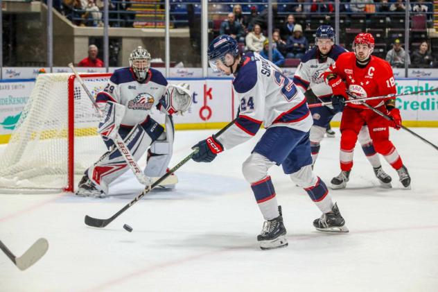 Saginaw Spirit's Matyas Sapovaliv in action