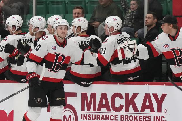 Belleville Senators' Zack Ostapchuk congratulated by team