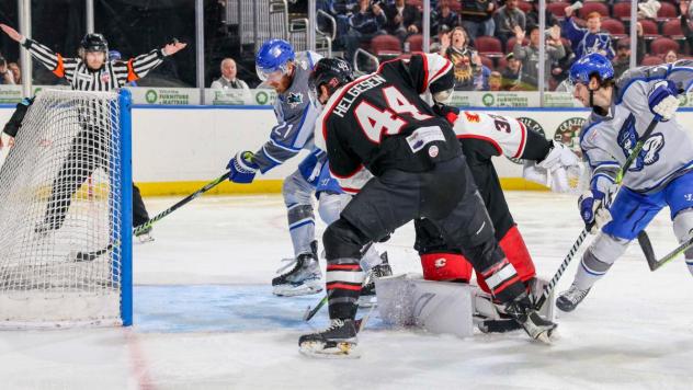 Wichita Thunder forward Jay Dickman (back) battles the Rapid City Rush
