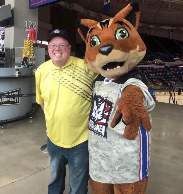 Author Fran Stuchbury and Fayetteville Marksmen mascot Marky