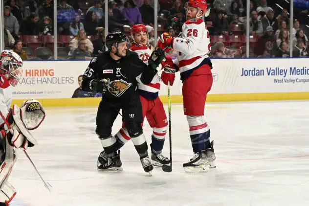 Utah Grizzlies' Cole Gallant and Allen Americans' Andrew Jarvis and Spencer Asuchak on game night