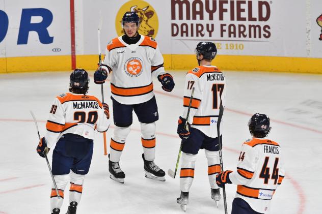 Greenville Swamp Rabbits gather after a goal