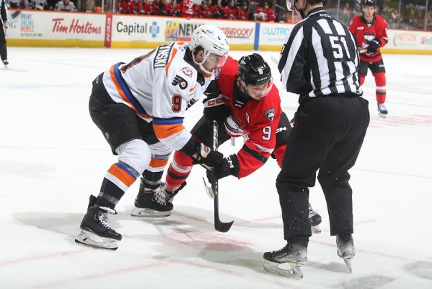 Lehigh Valley Phantoms' Tanner Laczynski battles Charlotte Checkers' Rasmus Asplund