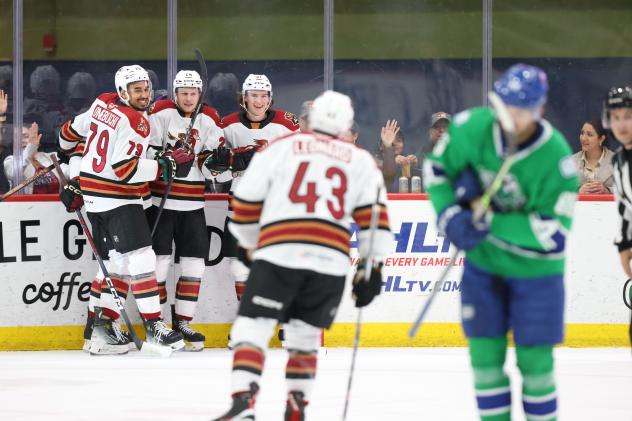 Tucson Roadrunners' John Leonard, Josh Doan, Jan Jenik, and Montana Onyebuch on game night