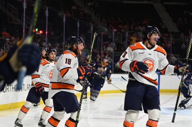 Greenville Swamp Rabbits celebrate a goal
