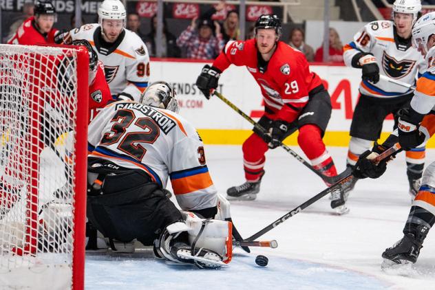 Charlotte Checkers' Cameron Morrison and Lehigh Valley Phantoms' Felix Sandstrom in action
