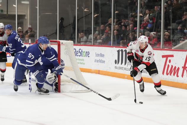 Toronto Marlies' Dylan Gambrell versus Belleville Senators' Matthew Highmore