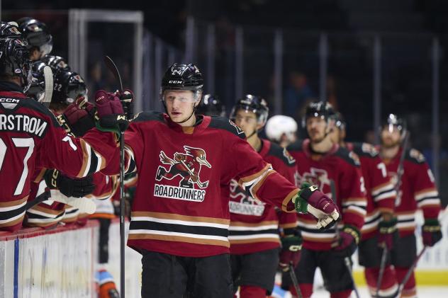 Tucson Roadrunners' Jan Jenik congratulated by team