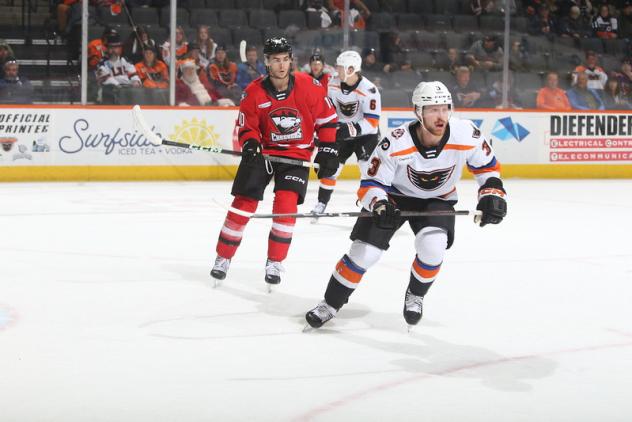 Lehigh Valley Phantoms defenseman Adam Karashik (right)