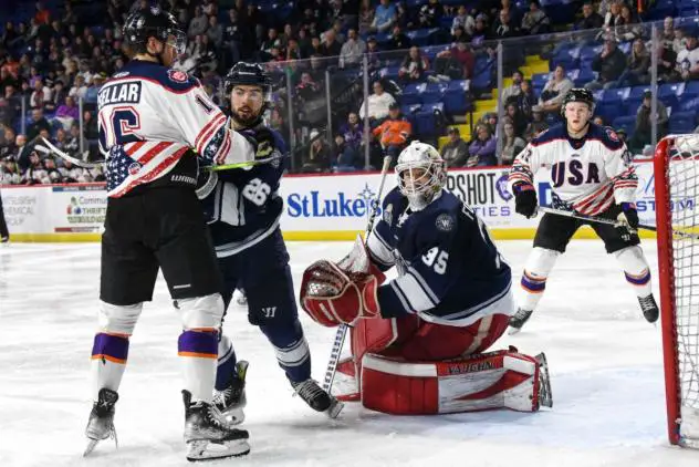 Reading Royals' Shane Sellar and Worcester Railers' Connor Welsh and Kaden Fulcher on game night