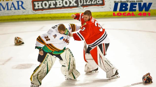 Fort Wayne Komets' Brett Brochu battles Indy Fuel's Zach Driscoll