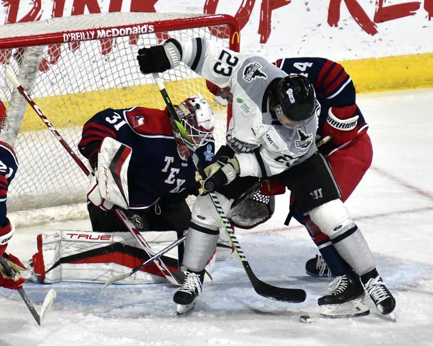 Allen Americans' Mark Sinclair and Idaho Steelheads' Demetrios Koumontzis in action