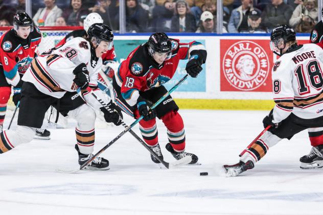 Calgary Hitmen's Brandon Gorzynski and Ethan Moore battle Kelowna Rockets' Ethan Neutens