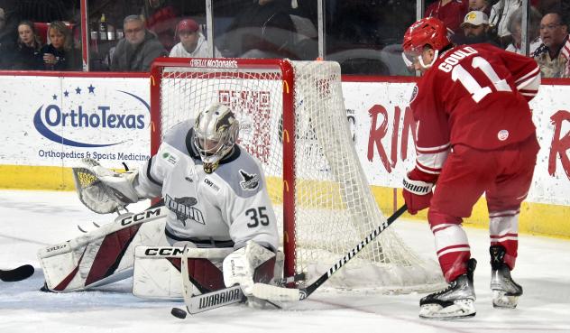 Allen Americans right wing Gavin Gould takes a shot against the Idaho Steelheads