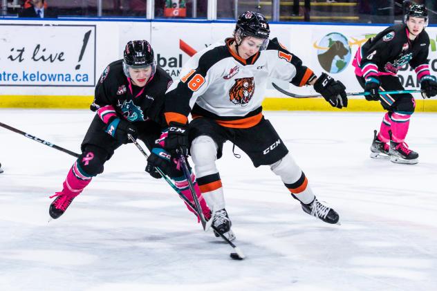 Forward Brett Calhoon with the Medicine Hat Tigers (right)