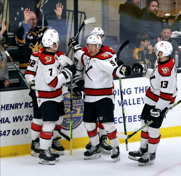 Wheeling Nailers' Davis Bunz, Tanner Laderoute, and Matthew Quercia on game night
