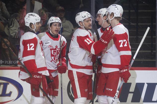 Grand Rapids Griffins' Zach Aston-Reese, Joel L'Esperance, and Simon Edvinsson on game night