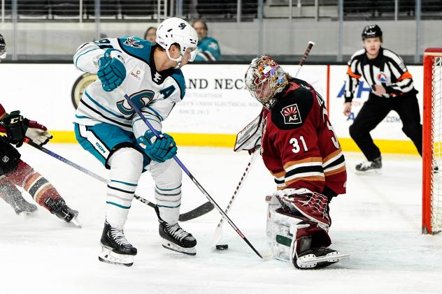 San Jose Barracuda's Justin Bailey battles Tucson Roadrunners' Matthew Villalta