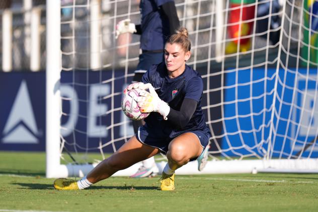 Goalkeeper Hensley Hancuff in prematch warmups at WakeMed Soccer Park