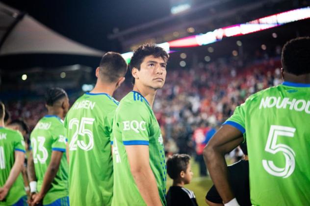 Jackson Ragen, Josh Atencio and Nouhou (l to r) of Sounders FC