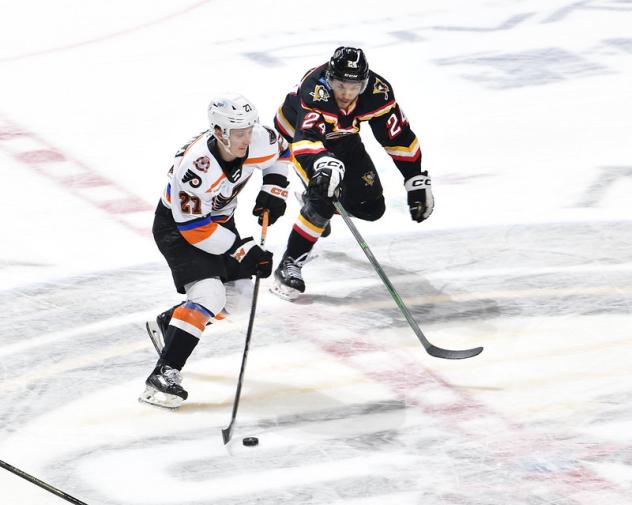 Hartford Wolf Pack's Nikolas Brouillard versus Wilkes-Barre/Scranton Penguins' Ty Smith