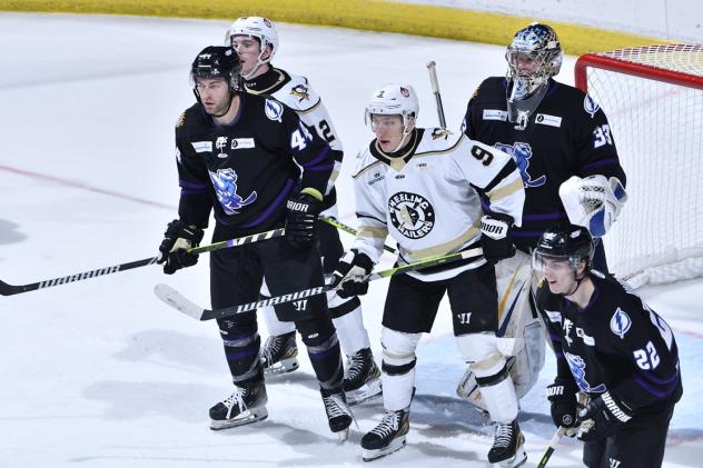 Wheeling Nailers' Tanner Laderoute and Jarrett Lee and Orlando Solar Bears' Jake Stevens, Colten Ellis, and Avery Winslow on game night