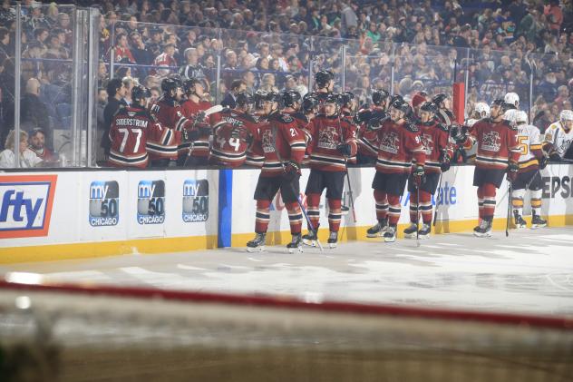 Tucson Roadrunners' Milos Kelemen, Jan Jenik, Josh Doan, Patrik Koch, and Montana Onyebuchi congratulated by team