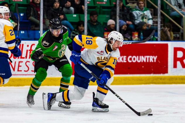 Prince Albert Raiders' Jacob Hoffrogge and Saskatoon Blades' Vaughn Watterodt in action